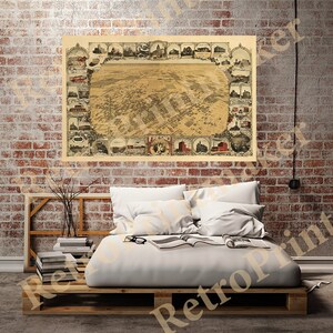 May include: An antique-style map of Fresno, California, with a bird's-eye view of the city. The map is surrounded by a border of smaller images depicting buildings and landmarks in Fresno.