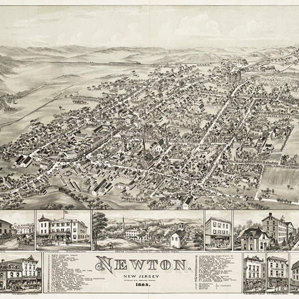 Map of Newton, Sussex Co., New Jersey 1883.   Vintage restoration hardware home Deco Style old wall reproduction map print.