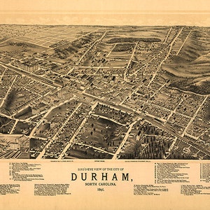Carte de Durham, comté de Durham, Caroline du Nord, Caroline du Nord, 1891. Reproduction ancienne de quincaillerie de restauration de style maison