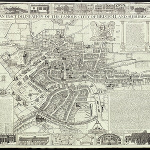Kaart van Bristol en Clifton, Engeland, Verenigd Koninkrijk, 1851. Restauratiebeslag oude muurkaart in huisdecoratiestijl. Vintage reproductie
