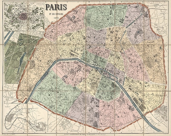 Map of Paris, France, 1864. Restoration Hardware Home Deco