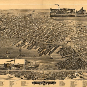 Karte von Muskegon, MI 1889, vom Muskegon Lake mit Blick nach Osten.  Vintage Wandkarte im Home-Deco-Stil