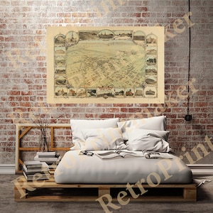 May include: An antique map of the city of Minneapolis, Minnesota, printed in 1887. The map shows the city's streets, buildings, and parks. The map is in a vintage style with a light brown background and black lines.