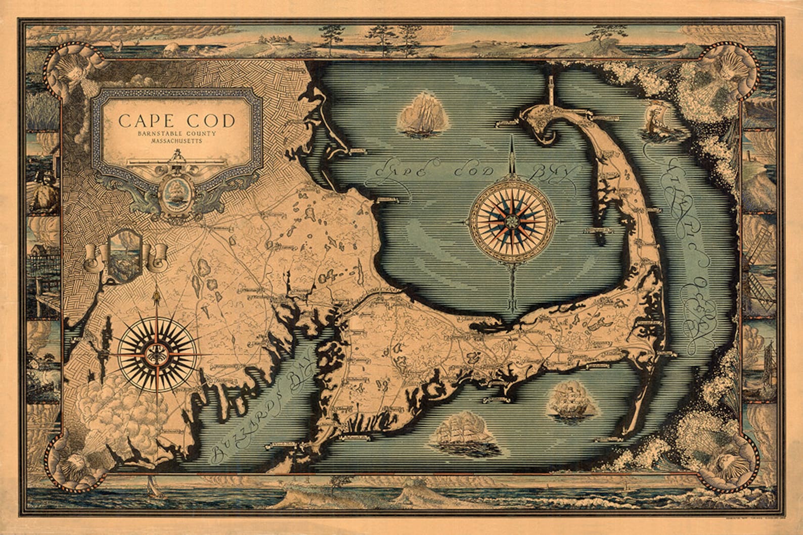 Pictorial Map of Cape Cod: Barnstable County Massachusetts | Etsy