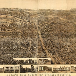 Syracuse, Nueva York: 1868. TOTALMENTE RESTAURADO. Sin roturas ni manchas. Reproducción del mapa a vista de pájaro. Impresión de reproducción. NY0183