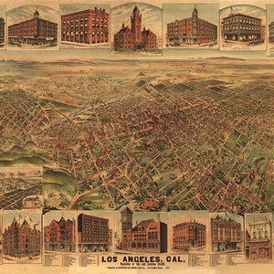 Kaart van Los Angeles, Californië CA., 1891.  Vintage restauratie hardware huis Deco Stijl oude muur reproductie kaart print.