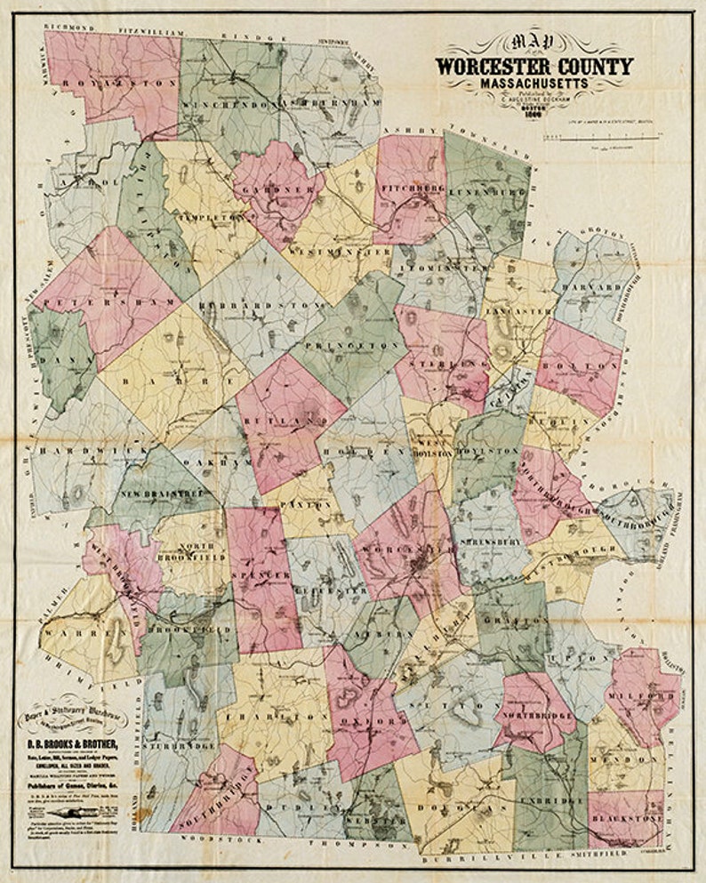 Map of Worcester County Massachusetts MA. 1857. Vintage Etsy