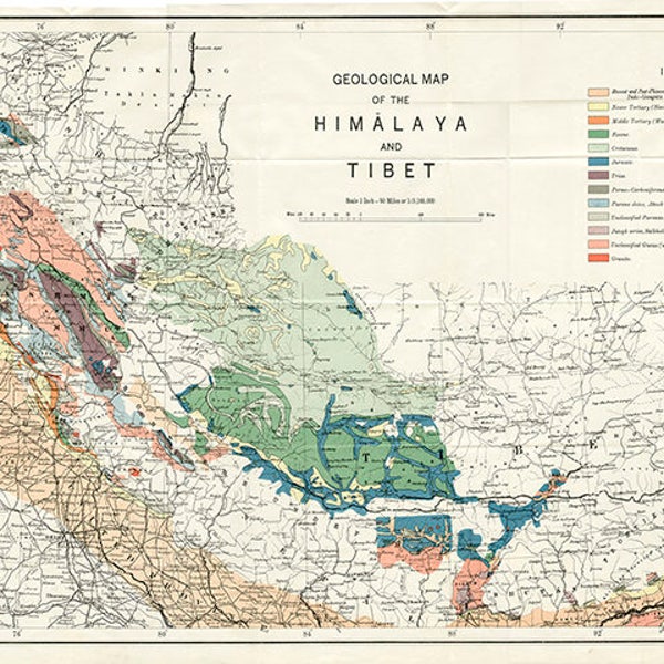 Geological Map of Himalaya and Tibet, 1933 .  Restoration Hardware Home Deco Style Old Wall Map. Vintage Reproduction