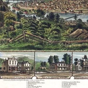 K&ouml;nnte beinhalten: Eine illustrierte Karte einer Stadt mit einer Legende, die verschiedene Gesch&auml;fte und Wohnsitze auflistet. Die Karte ist in drei Abschnitte unterteilt, die jeweils einen anderen Teil der Stadt zeigen. Der obere Abschnitt zeigt eine Vogelperspektive der Stadt, w&auml;hrend die beiden unteren Abschnitte Nahaufnahmen von bestimmten Geb&auml;uden zeigen. Die Karte ist im Vintage-Stil gehalten, mit handgezeichneten Linien und Schriftz&uuml;gen.