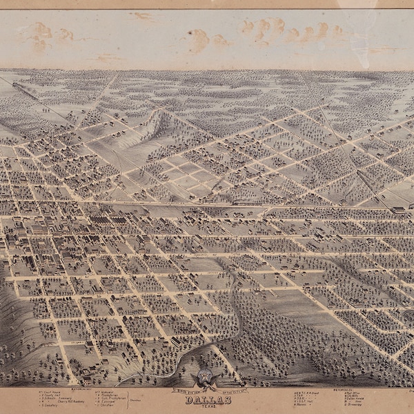 Map of Dallas, Texas 1872.  Vintage reproduction print.