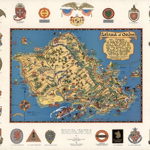 Pictorial Map of Oahu, Hawaiian islands.   Restoration Hardware Home Deco Style Old Wall Vintage Reprint.
