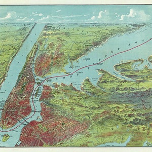 Mappa Mappa di New York con vista a volo d'uccello del 1909. New York, NYC. Ristampa vintage da parete in stile Home Deco di Restoration Hardware.