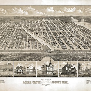 Asbury Park, Ocean Grove, condado de Monmouth, Nueva Jersey (NJ) 1881; Impresión de reproducción de mapa de pared antiguo de estilo Deco de una casa de restauración de hardware vintage.