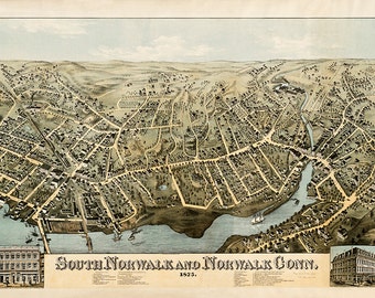 Norwalk, South Norwalk, Fairfield County, Conn., Connecticut CT 1875 O.H. Bailey & Co. Vintage reproduction bird's eye view map