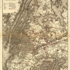 Karte von New York City Manhattan, Brooklyn und Oberflächen & Hochbahnen in Betrieb genommen / Subway.  Vintage Reproduktion Karte. 1885