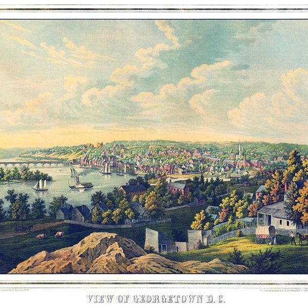 View of Georgetown, Washington, D.C. 1855.  Vintage restoration hardware home Deco Style old wall reproduction map print.