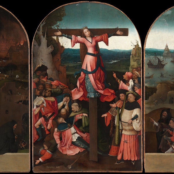 The Crucifixion of St Julia (Triptych of the Crucified Martyr) by Hieronymus Bosch 1497. Vintage home Deco old wall reproduction map print.