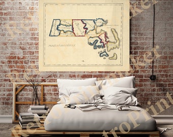 Map of Massachusetts MA 182?  by A.T. Perkins.  Vintage restoration hardware home Deco Style old wall reproduction map print.