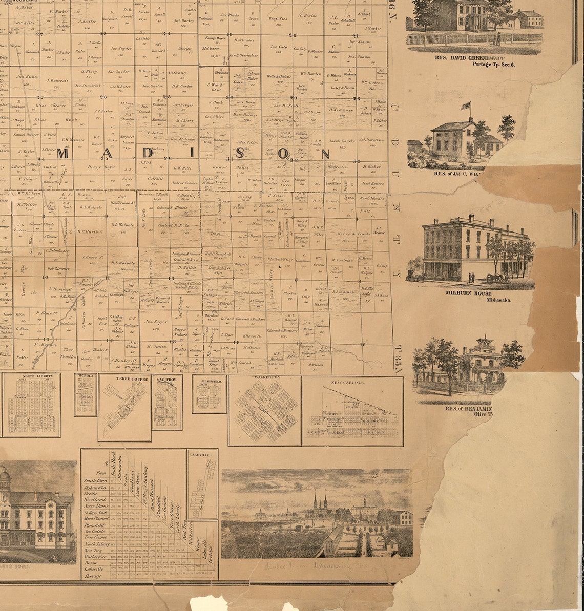 Map of St. Joseph County Indiana. 1863. Vintage restoration Etsy