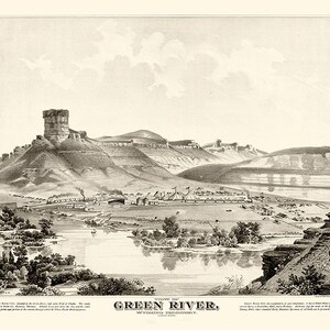 Green River, territoire du Wyoming, vers le nord. Situé sur la rivière Green, à 846 miles à l'ouest d'Omaha.  Reproduction vintage Illustration Impression