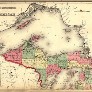Map of the Upper Peninsula, Michigan MI, 1873.  Restoration Hardware Home Deco Style Old Wall Vintage Reprint.