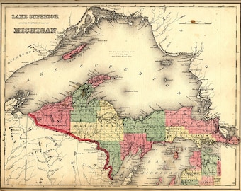 Map of the Upper Peninsula, Michigan MI, 1873.  Restoration Hardware Home Deco Style Old Wall Vintage Reprint.