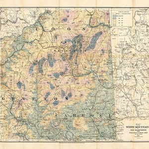 Montañas Blancas, Nuevo Hampshire, N.H. Mapa de Walling, 1881. Impresión de reproducción de mapa de pared antiguo de estilo Deco para el hogar, con hardware de restauración vintage.