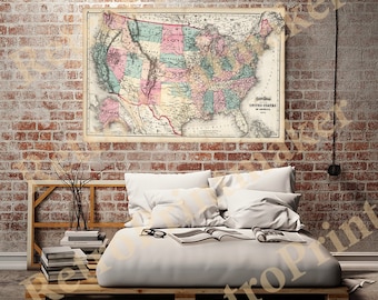 Map of United States 1873. Vintage restoration hardware home Deco Style old wall reproduction map print.