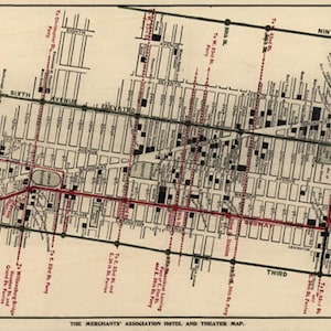 The Merchants' Association Hotel- und Theaterplan in Manhattan, New York, NY.  1906. Reproduktion Vintage-Karte.  In verschiedenen Größen erhältlich.