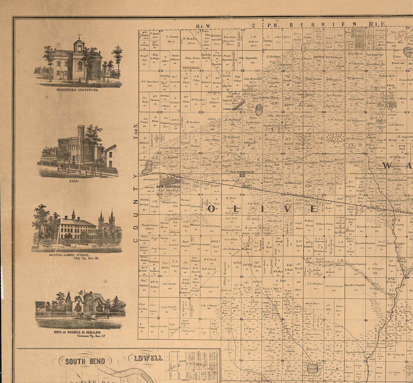 Map of St. Joseph County Indiana. 1863. Vintage Restoration Etsy