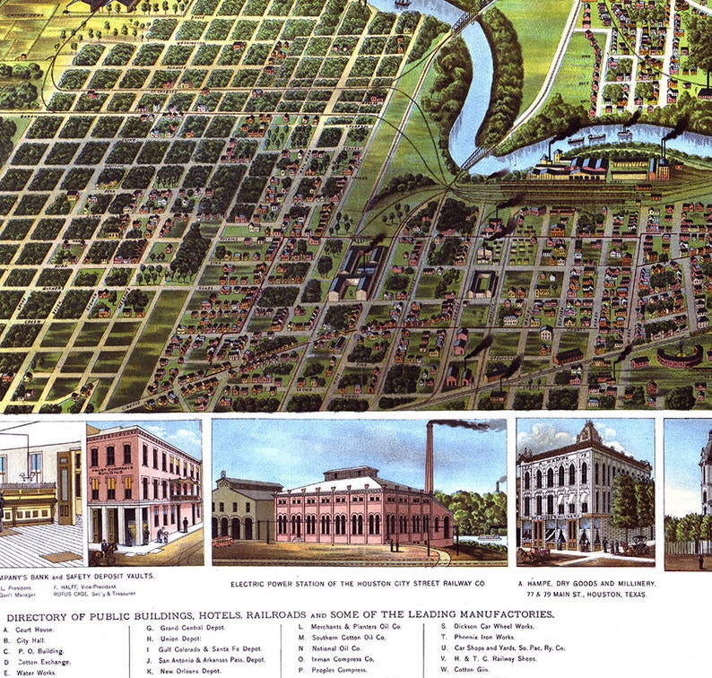 Map of Houston Texas 1891 Vintage Restoration Hardware Etsy