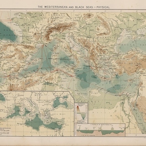 Karte des Mittelmeers und des Schwarzen Meeres, 1905. Vintage Wandkarte im Deko-Stil.