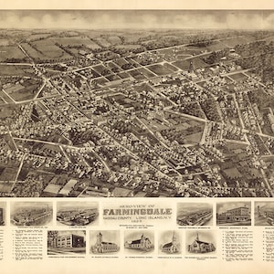 Farmingdale, pueblo de Oyster Bay, condado de Nassau, Long Island, Nueva York, NY, 1925. Cinquin. Reproducción de mapa antiguo con vista aérea. Tamaños variables.