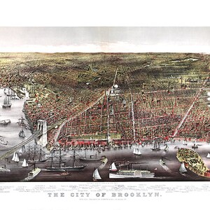 Brooklyn, NY 1879 e Manhattan New York. Completamente restaurato! Nessun collegamento nero al centro, strappi e lacerazioni stampati! Stampa di riproduzione d'epoca.