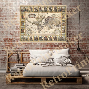 May include: An antique world map print with a decorative border featuring illustrations of people on horseback. The map is in shades of brown, beige, and blue, with a compass rose in the lower right corner. The title of the map is "NOVA TOTIUS TERRARUM ORBIS GEOGRAPHICA ET HYDROGRAPHICA TABULA."