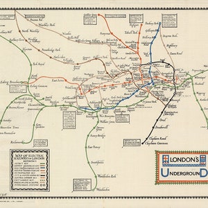 Map of London Underground.  1922.  Vintage home Deco Style old wall reproduction map print.