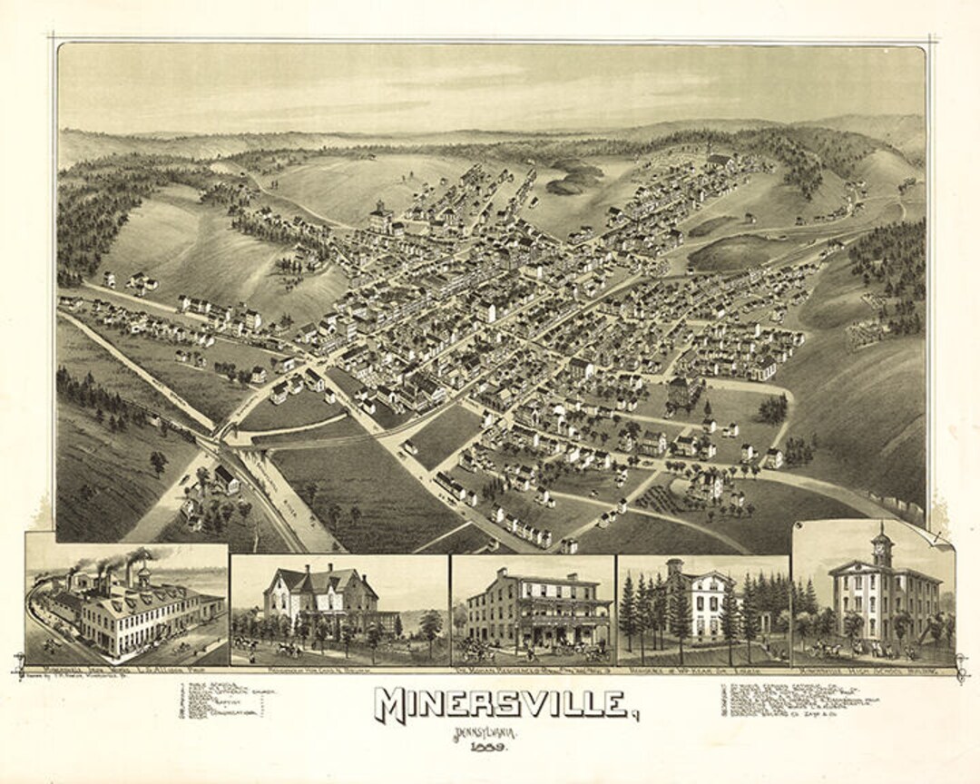 Map of Minersville, Schuylkill Co., Pennsylvania, PA 1889. Restoration