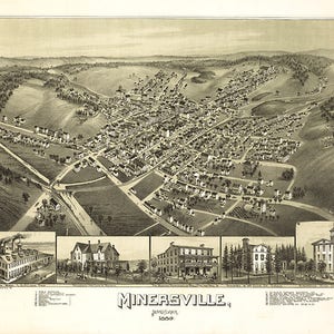 Carte de Minersville, Schuylkill Co., Pennsylvanie, Pennsylvanie, 1889. Reproduction giclée de vieux murs de style déco maison de quincaillerie de restauration.