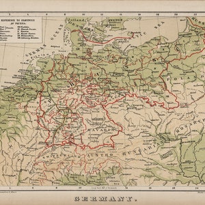 Map of Germany, 1880.  Vintage home Deco Style old wall reproduction map print.