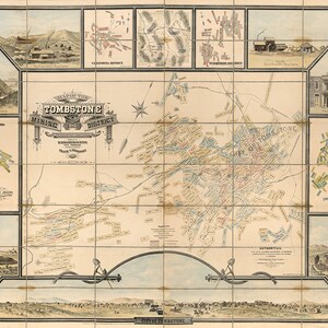 Mapa del distrito minero de Tombstone: condado de Cochise, Arizona. Reimpresión vintage de pared antigua de estilo home de Restoration Hardware de 1881.