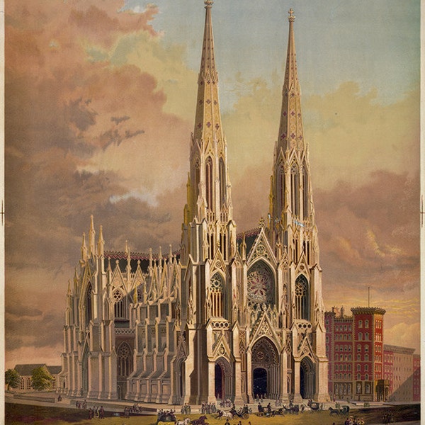 The Saint Patrick Cathedral, Fifth avenue, Manhattan, New York City.  Gilman, G.F.  1878. Vintage Reproduction Art Print.