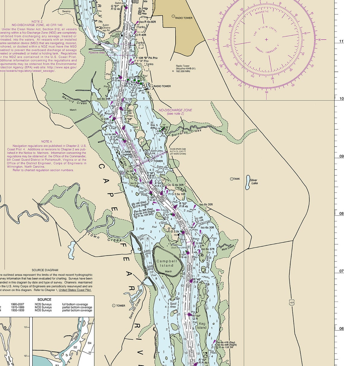 Cape Fear River to Wilmington Map – North Carolina Nautical Chart NOAA ...