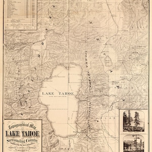 Karte von Lake Tahoe, Kalifornien und Nevada. 1874. Vintage Restaurierung Hardware Home Deco Style alte Wand Reproduktion Karte drucken.
