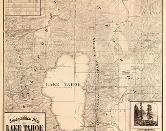Map of Lake Tahoe, California and Nevada. 1874. Vintage restoration hardware home Deco Style old wall reproduction map print.