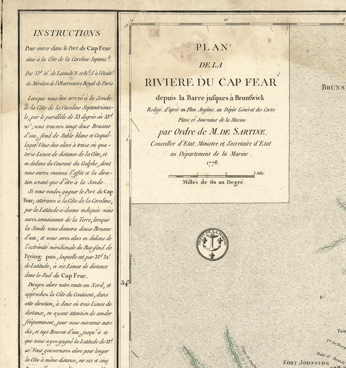 Map Cape Fear River North Carolina 1778 in French. Vintage Restoration ...