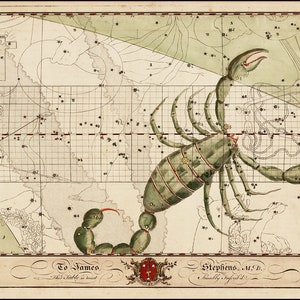 Chart of Scorpius. Zodiac Star Constellation Sign. Home Deco Style Old Wall Vintage Reproduction.