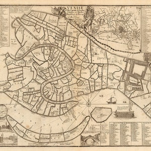 Old Venice, Italy Map, 1725.  Fer.  Restoration Hardware Home Deco Style Old Wall Vintage Reprint.
