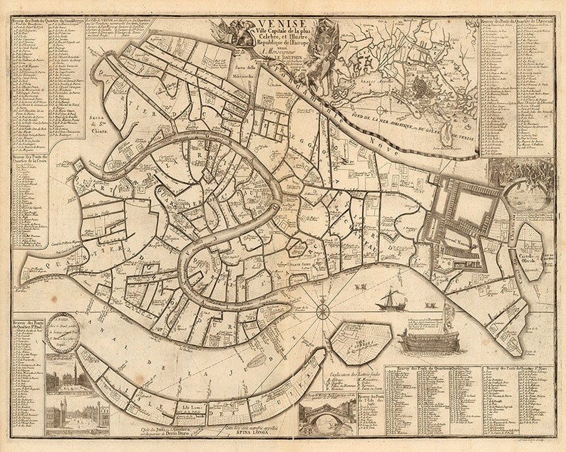 May include: An antique map of Venice, Italy, showing the city's canals and islands. The map is in black and white and features a compass rose and a key to the map's symbols. The title of the map is "VENISE" and the text "Ville Capitale de la plus Celebre, et la plus puissante Republique de l'Europe" is also included.