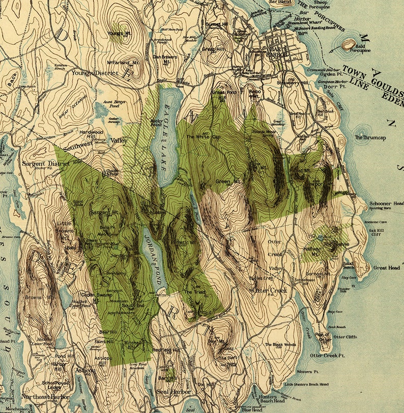 Map of the Mount Desert Island Acadia National Park Maine.  Etsy