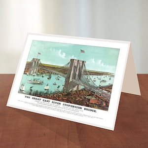 Tarjeta de felicitación del Gran Puente Colgante del East River: Conectando las ciudades de Nueva York y Brooklyn. Vista hacia el sur, 1883.